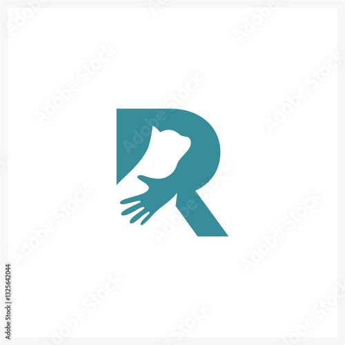 Letter R Pet Care Logo with Hand and Animal Silhouette