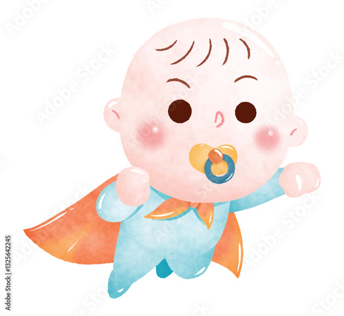 A cute baby wearing a blue superhero costume with a red cape and pacifier, flying through the air with an adorable expression on their face