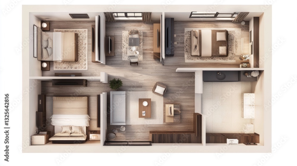 Two bedroom apartment floor plan, modern interior design, sunlit