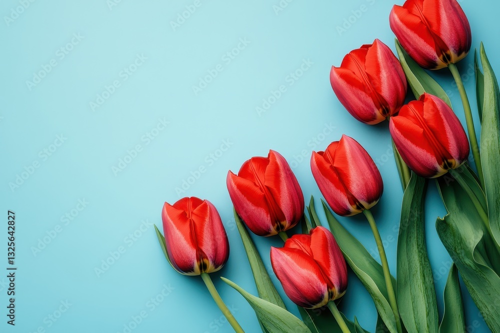 Red tulips arranged on blue background. Perfect for spring, love, or Mother's Day designs. Red tulips arranged on blue background. Perfect for spring, love, or Mother's Day designs.