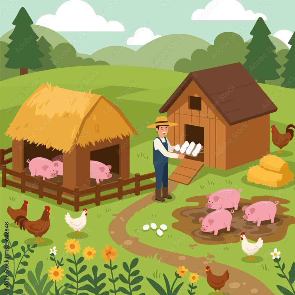 Fototapeta premium Farmer Collecting Eggs on a Farm with Pigs and Chickens