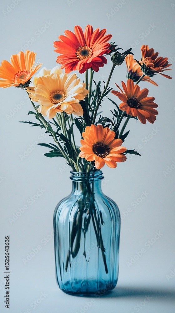 Obraz premium Vibrant orange, yellow, and red Gerbera daisies in a blue glass vase against a light blue background.