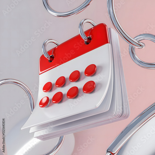 A Playful Red And White Calendar Pages Playfully Flipping, Suspended In Mid-air, Against A Soft Pink Background With Shiny Metallic Rings photo