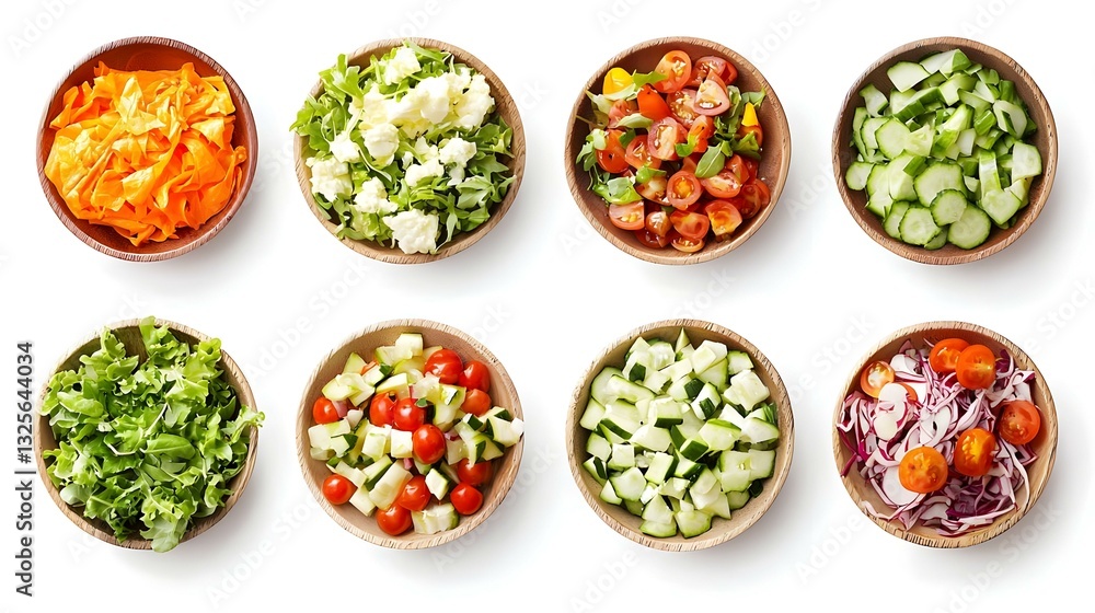 Variety of chopped vegetables in bowls isolated on white background Variety of chopped vegetables in bowls isolated on white background