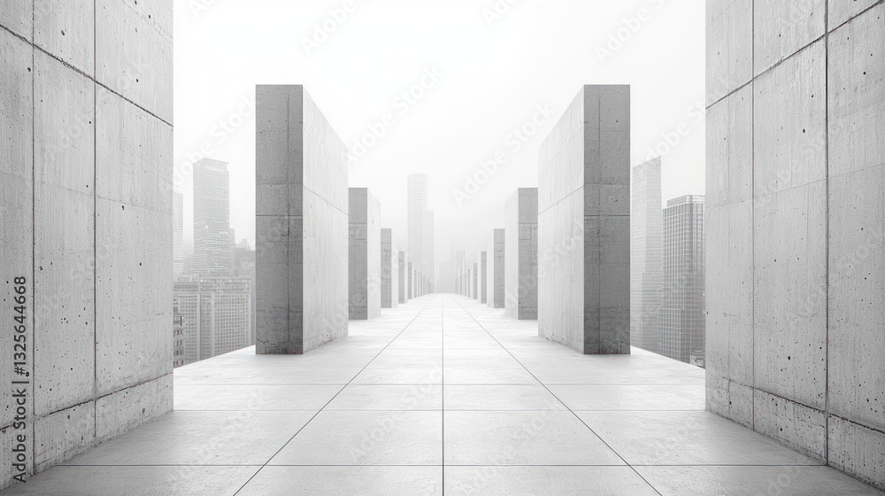 Fototapeta premium Concrete structures form an architectural path towards distant city buildings
