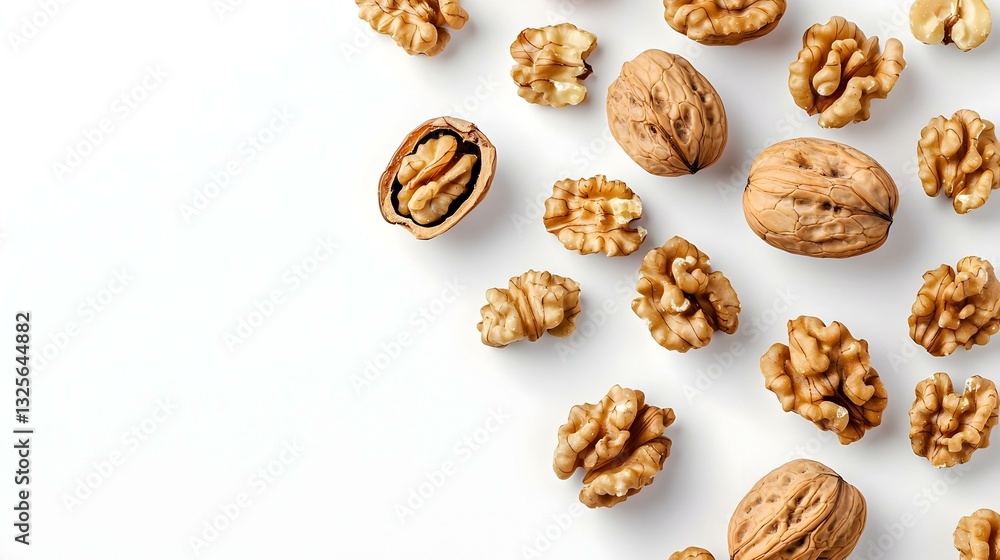 top view of walnuts closed and broken scattered top view of walnuts closed and broken scattered
