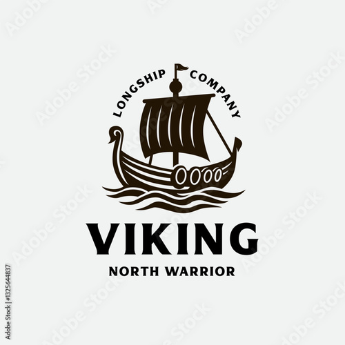 Vintage Drakkar Viking transport ship.Ancient Nordic Longship ocean wave logo design