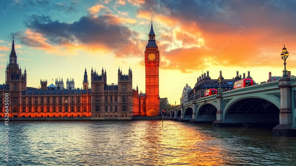 Naklejka premium An iconic view of Big Ben and the Houses of Parliament at twilight, with golden lights reflecting on the River Thames