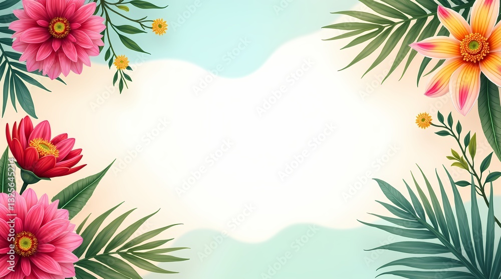 Floral Border with Dahlias and Palm Leaves on Gradient Background Floral Border with Dahlias and Palm Leaves on Gradient Background