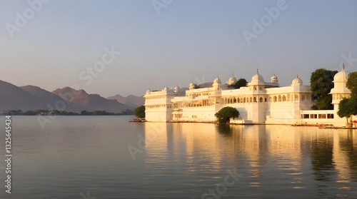 Obraz na płótnie Dawn at the Lake Palace Lake Pichola Uda.generative.ai w salonie
