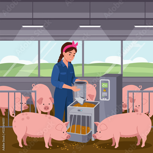 Woman Feeding Pigs in Barn Using Automated System with Outdoor View
