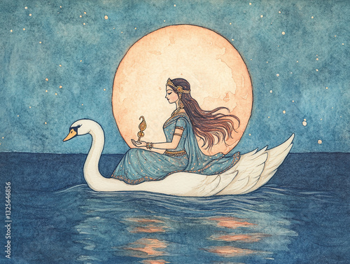 Fototapeta Naklejka Na Ścianę i Meble -  Goddess on a Swan, Moonlight Serenity