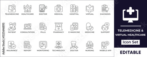 Flat telemedicine and virtual healthcare icon set. Includes online consultation, AI health, remote patient care, and digital health monitoring.