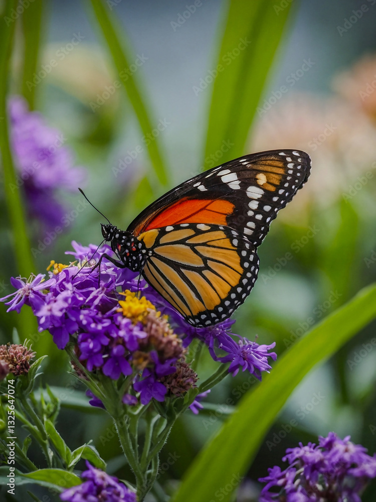 Naklejka premium Colorful butterflies feeding on flowers.