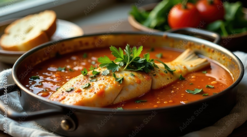 Savory Baked Fish in a Rich Tomato-Based Stew with Fresh Herbs and Crusty Bread Savory Baked Fish in a Rich Tomato-Based Stew with Fresh Herbs and Crusty Bread