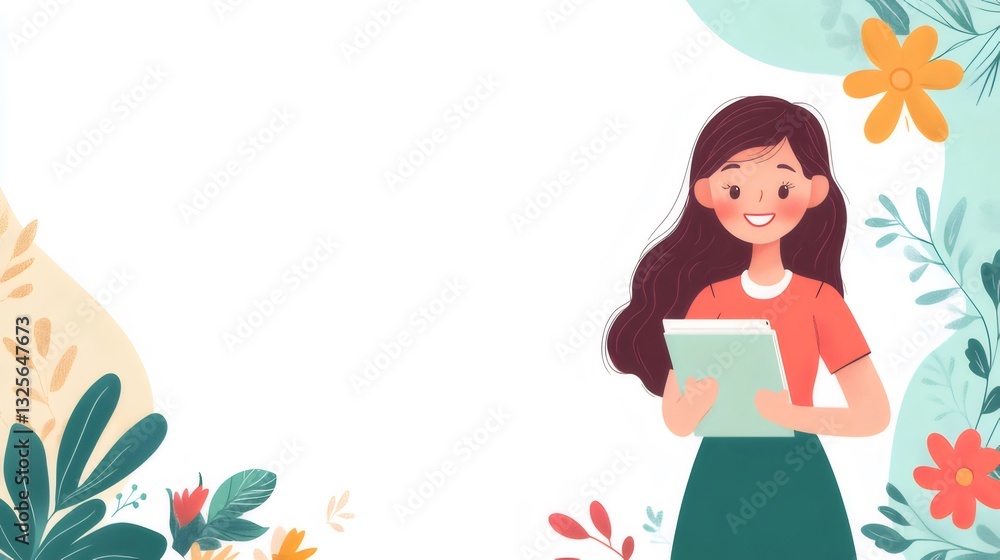Smiling Woman Using a Digital Tablet Amidst Vibrant Floral Illustrations Smiling Woman Using a Digital Tablet Amidst Vibrant Floral Illustrations