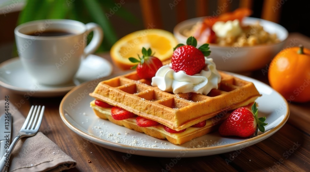 A delightful double waffle breakfast treat, topped with fresh strawberries and whipped cream, served alongside a cup of coffee and a side of fruit A delightful double waffle breakfast treat, topped with fresh strawberries and whipped cream, served alongside a cup of coffee and a side of fruit