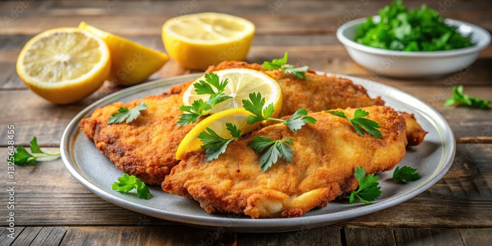 Crispy golden brown homemade chicken schnitzel cutlet on a plate with lemon wedges and fresh parsley , comfort, juicy Crispy golden brown homemade chicken schnitzel cutlet on a plate with lemon wedges and fresh parsley , comfort, juicy
