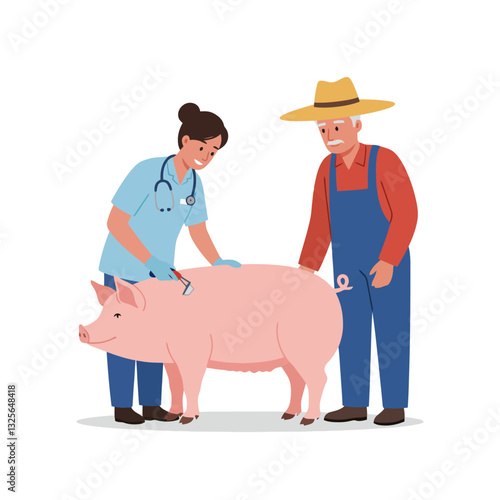 Pig Getting Vaccination From Veterinarian with Farmer Supervising on Farm