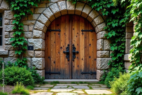 Wallpaper Mural Rustic Wooden Double Doors Set in Stone Archway with Lush Green Vines Torontodigital.ca