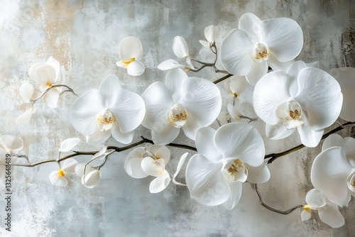 Wallpaper Mural A modern photomural with embossed white orchids and delicate silver vines, creating a sophisticated botanical aesthetic. Torontodigital.ca