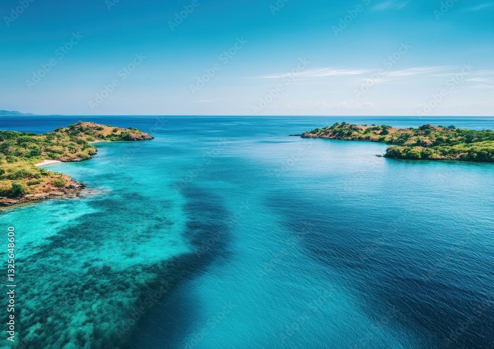 Fototapeta premium Idyllic tropical islands, turquoise water, coral reefs, aerial view.