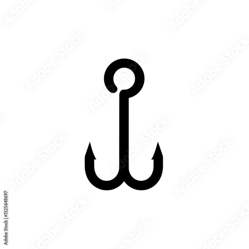 Minimalist double fishing hook icon in black silhouette, symbolizing fishing, angling, and marine sports.