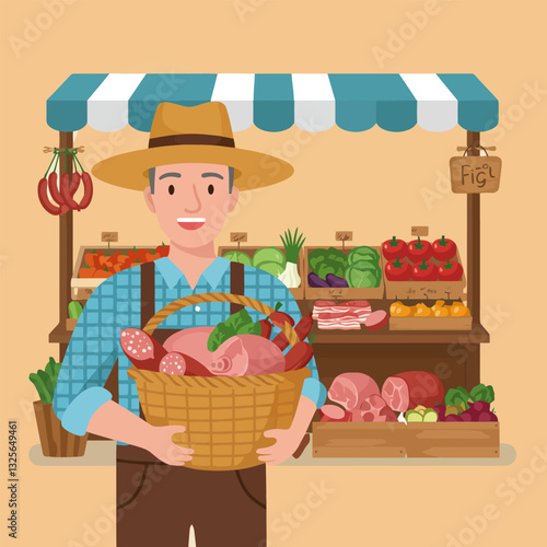 Farmer Holding Basket Filled with Fresh Meat at Market Stall