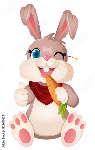 Bunny Eating Carrot while Winking and Giving a Thumbs Up. Cute Rabbit Sitting Front Face Isolated Graphic