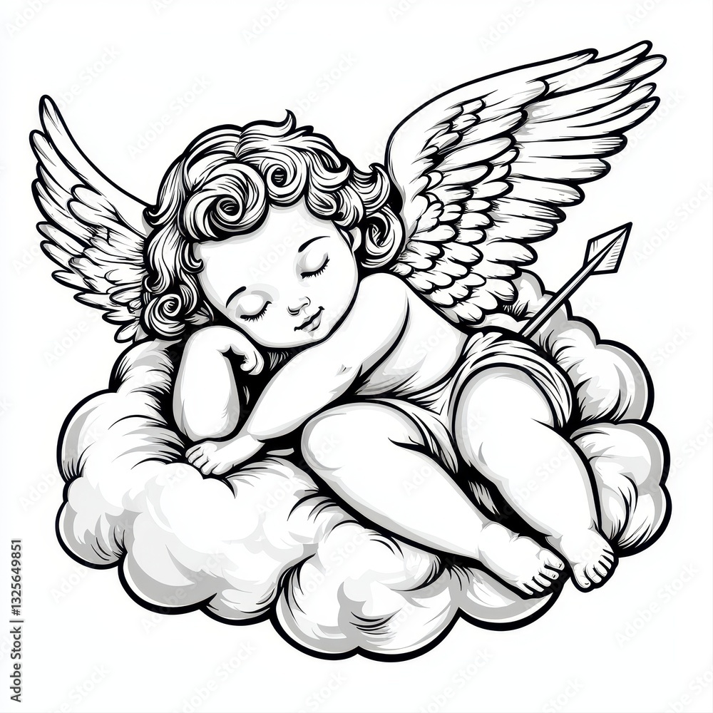Fototapeta premium Sleeping Cherub Angel on a Cloud Black and White Line Art Illustration
