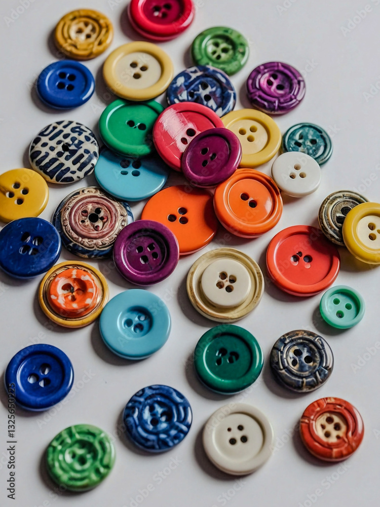 Fototapeta premium Colorful buttons arranged in a pattern on white surface.