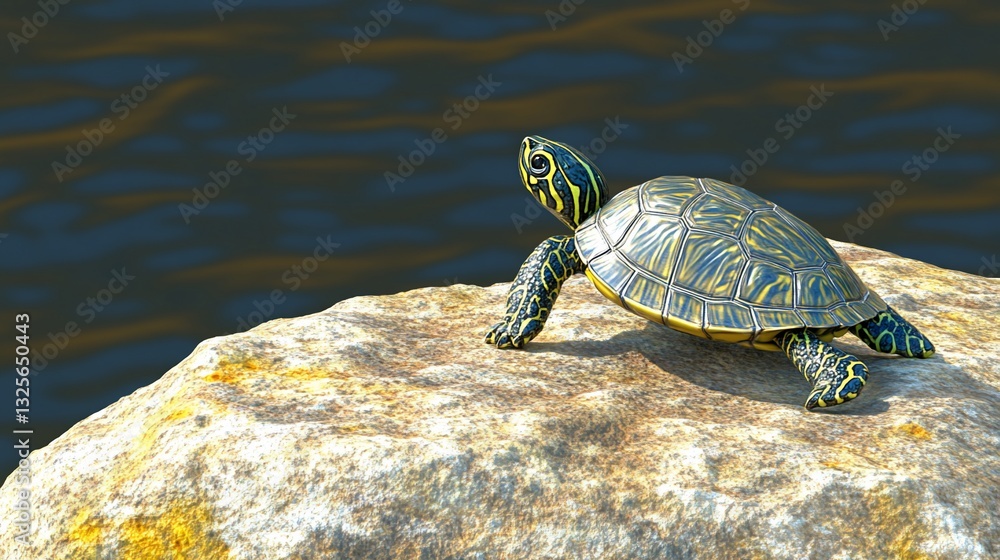 Obraz premium Turtle basking rock pond wildlife nature background