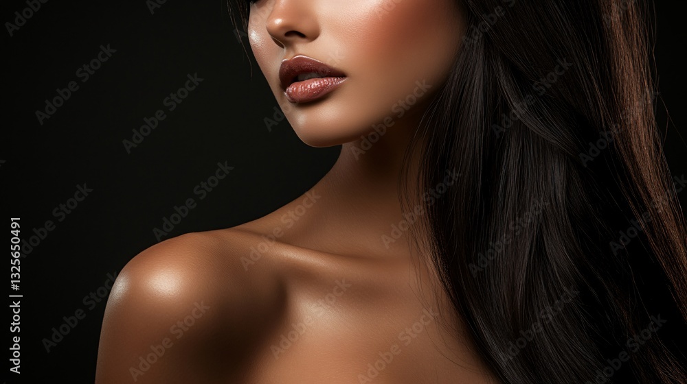 Elegant portrait showcasing skin texture and radiant lips. Highlighting beauty with dark hair cascading. A study of light and form. Elegant portrait showcasing skin texture and radiant lips. Highlighting beauty with dark hair cascading. A study of light and form.