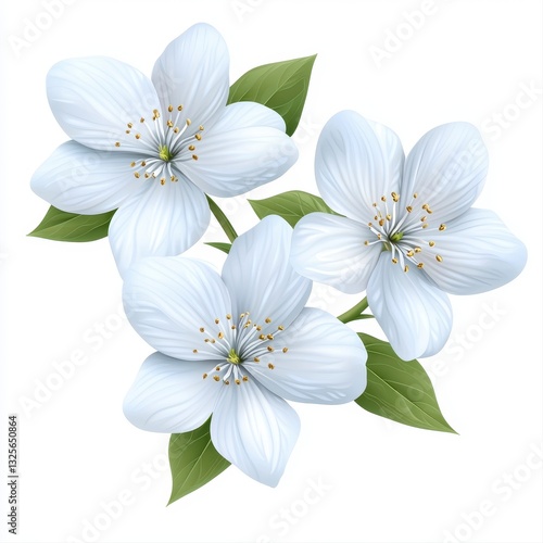 Three Delicate Light Blue Flowers with Green Leaves on White Background