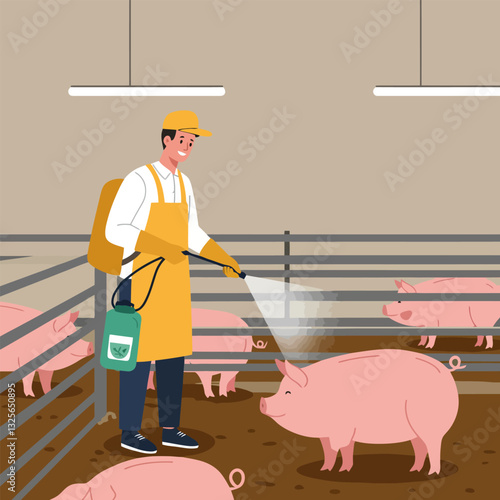 Spraying Sanitizer Inside a Pig Pen to Prevent Disease Spread