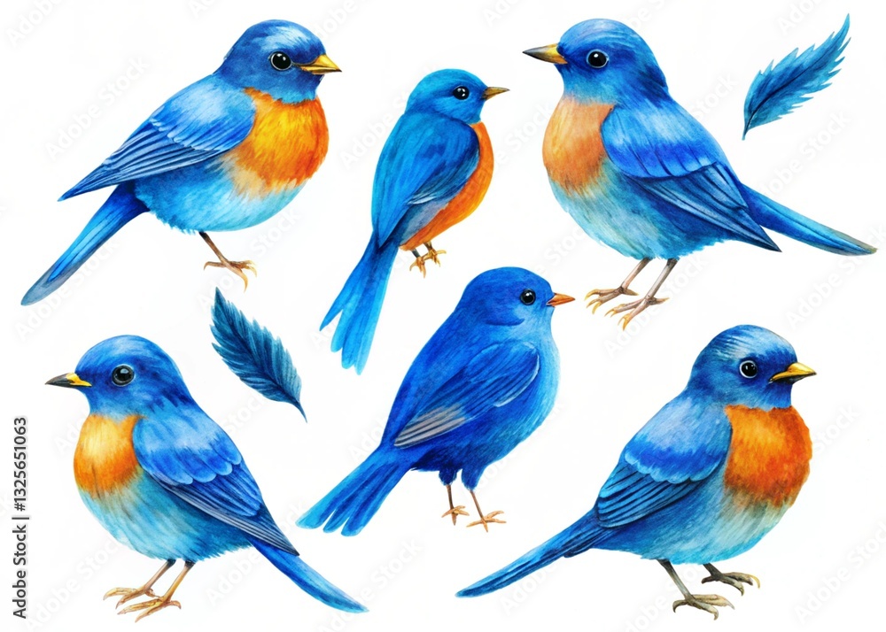 Obraz premium hand drawn Realistic blue birds with orange feathers of watercolor illustration 