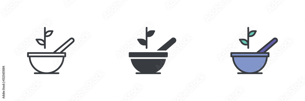 Mortar and pestle with a sprout different style icon set Mortar and pestle with a sprout different style icon set
