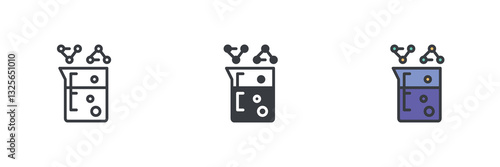 Measuring cup with liquid and molecular structure different style icon set