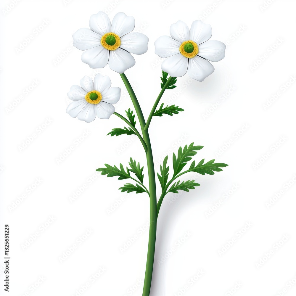 Fototapeta premium Three White Flowers with Green Stem and Leaves on White Background