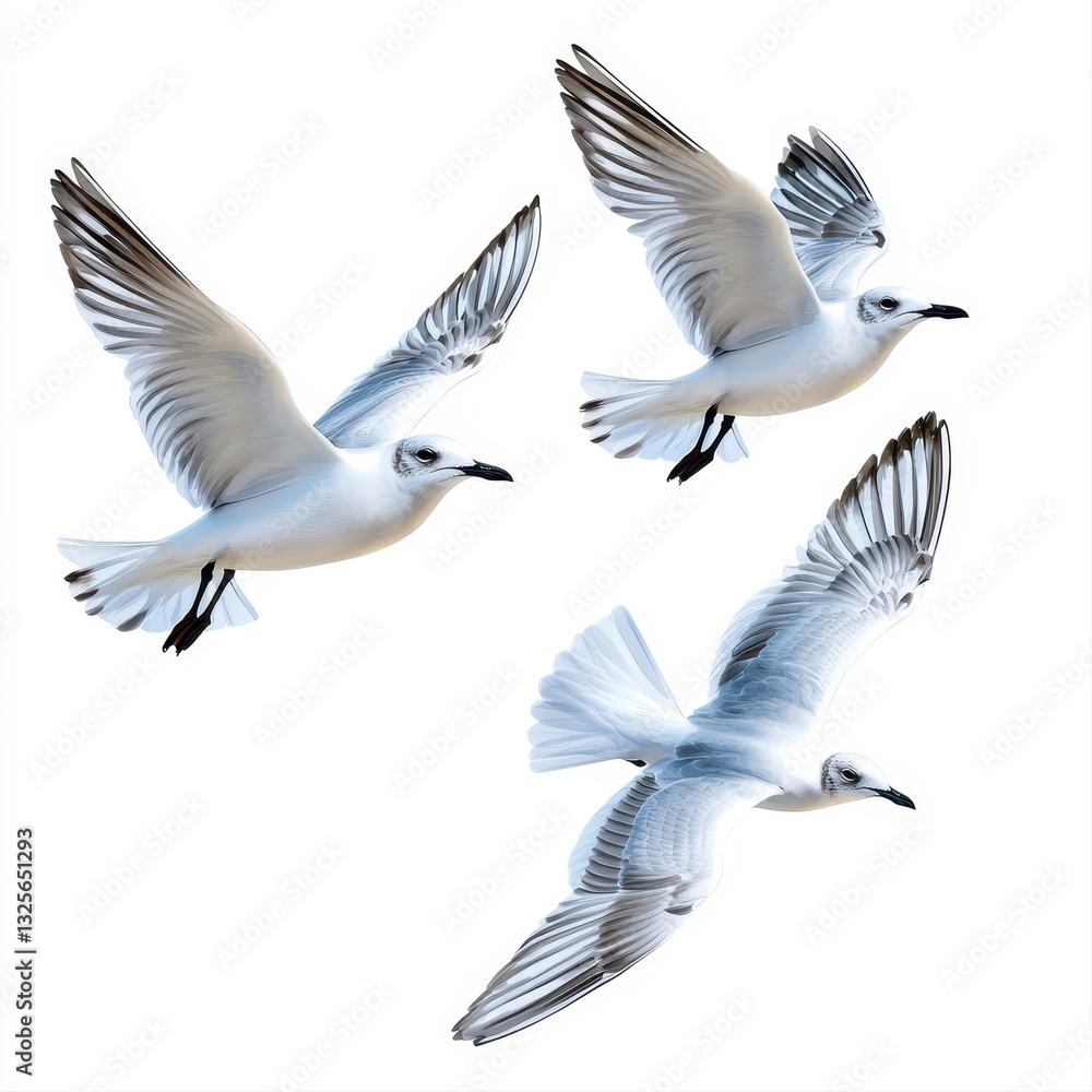 Fototapeta premium Three White Seagulls in Flight Against a White Background