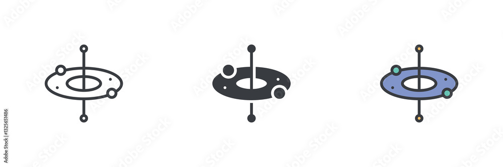 The ring, particles, and central axis different style icon set The ring, particles, and central axis different style icon set