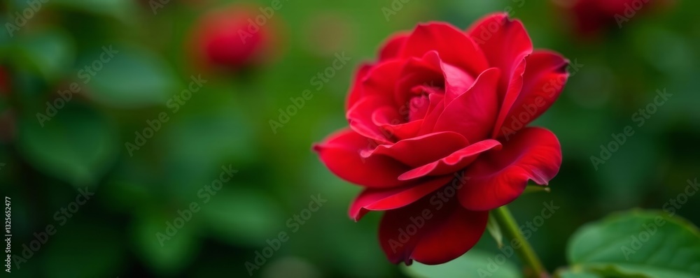 Close-up of a vibrant red rose bloom surrounded by green leaves, green, close-up Close-up of a vibrant red rose bloom surrounded by green leaves, green, close-up