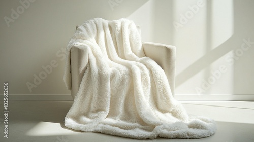 Soft white faux fur throw draped over a light beige armchair in a sunlit room.