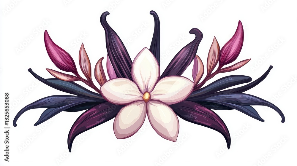 Fototapeta premium A stunning flower with purple and white petals surrounded by dried vanilla pods creating a beautiful aesthetic display
