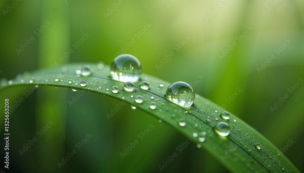 Macro shot of dew drops on grass shoot, nature’s delicate beauty Macro shot of dew drops on grass shoot, nature’s delicate beauty