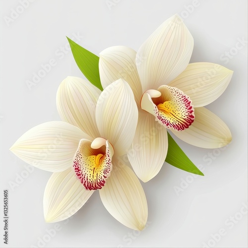 Two elegant white flowers with green leaves displayed beautifully against a soft background for botanical aesthetic appeal