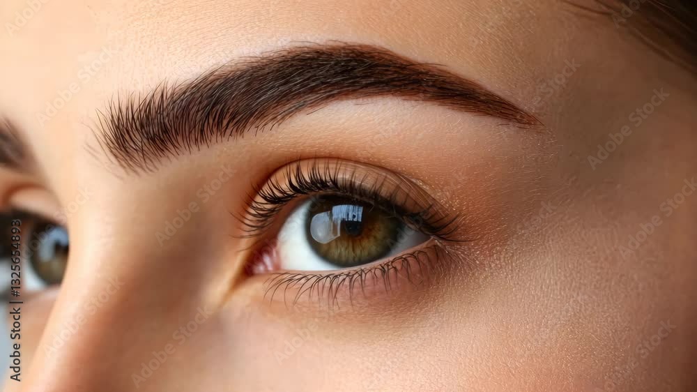 Closeup eye makeup application with bold brows and natural lashes Closeup eye makeup application with bold brows and natural lashes