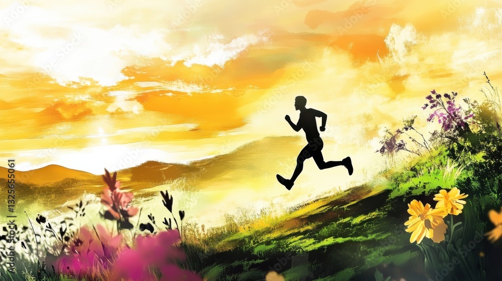 Silhouette of Runner Against Vibrant Nature Scene at Sunset Silhouette of Runner Against Vibrant Nature Scene at Sunset
