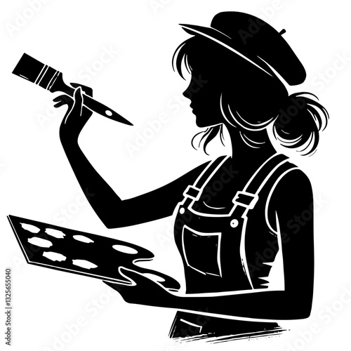 An artistic black and white vector illustration of an artist with paintbrush and palette.