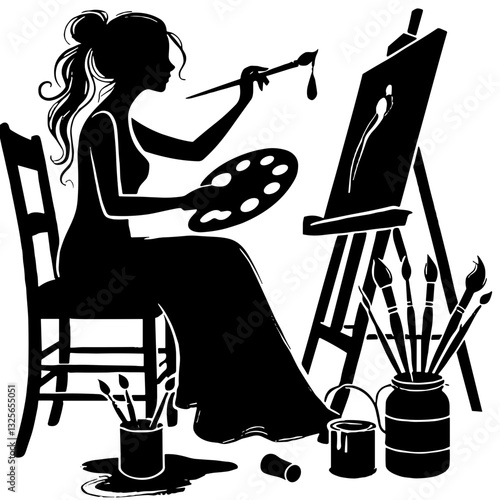 An artistic black and white vector illustration of a woman painting at an easel with brushes and palette.